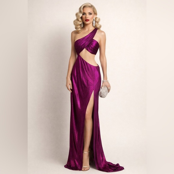 Retrofete Dresses & Skirts - RETROFETE Galena Metallic Magenta One Shoulder Cutout Gown NWT M Formal Dress